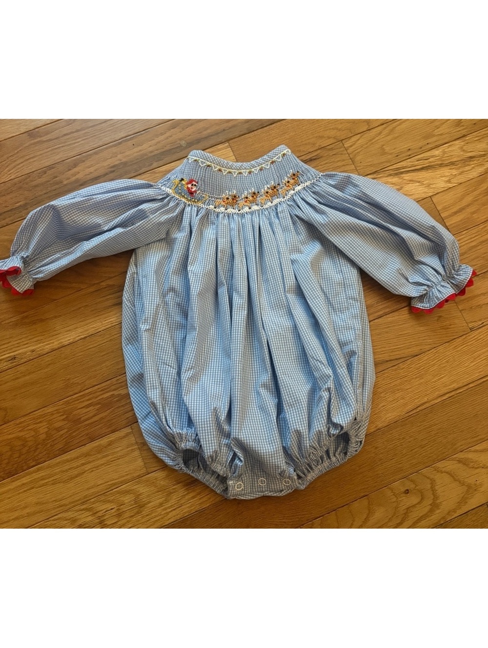 Stitchy Fish Baby Blue Gingham Smocked Romper with Santa and Reindeer Embroidery